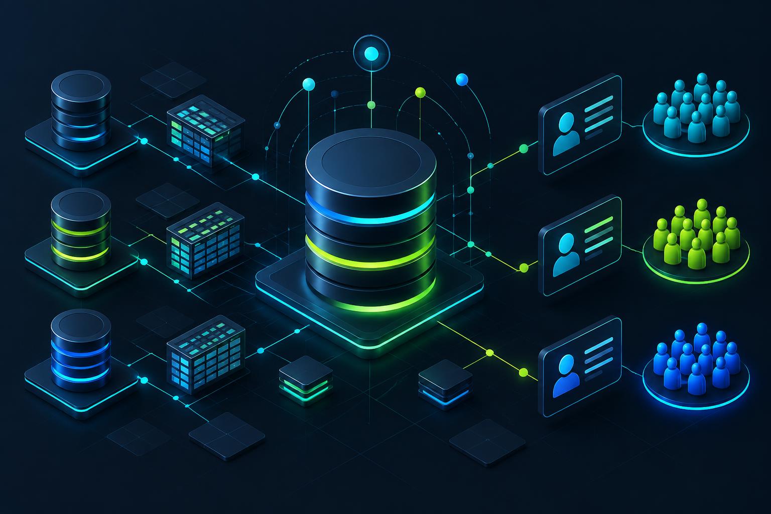 Technology illustration of connected databases, account records and segmented B2B audiences
