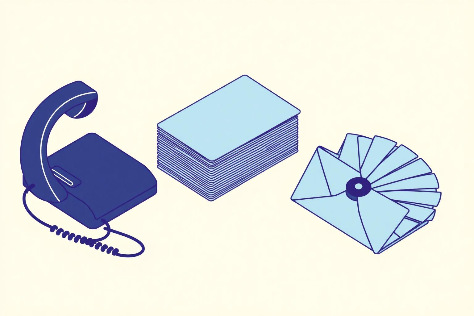 Editorial illustration of a telephone handset, a stack of lead cards and an envelope fan