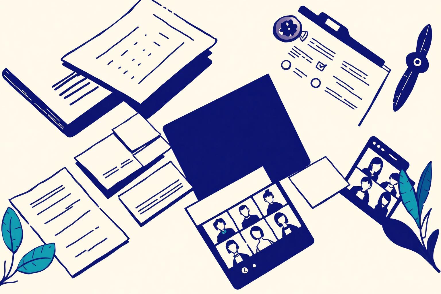 Editorial illustration of documents, sticky notes, task lists and a video-call grid