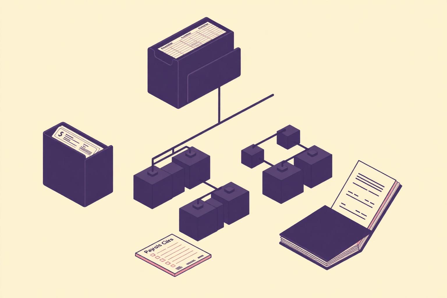 Editorial illustration of employee folders, an org chart, a checklist and payroll slips