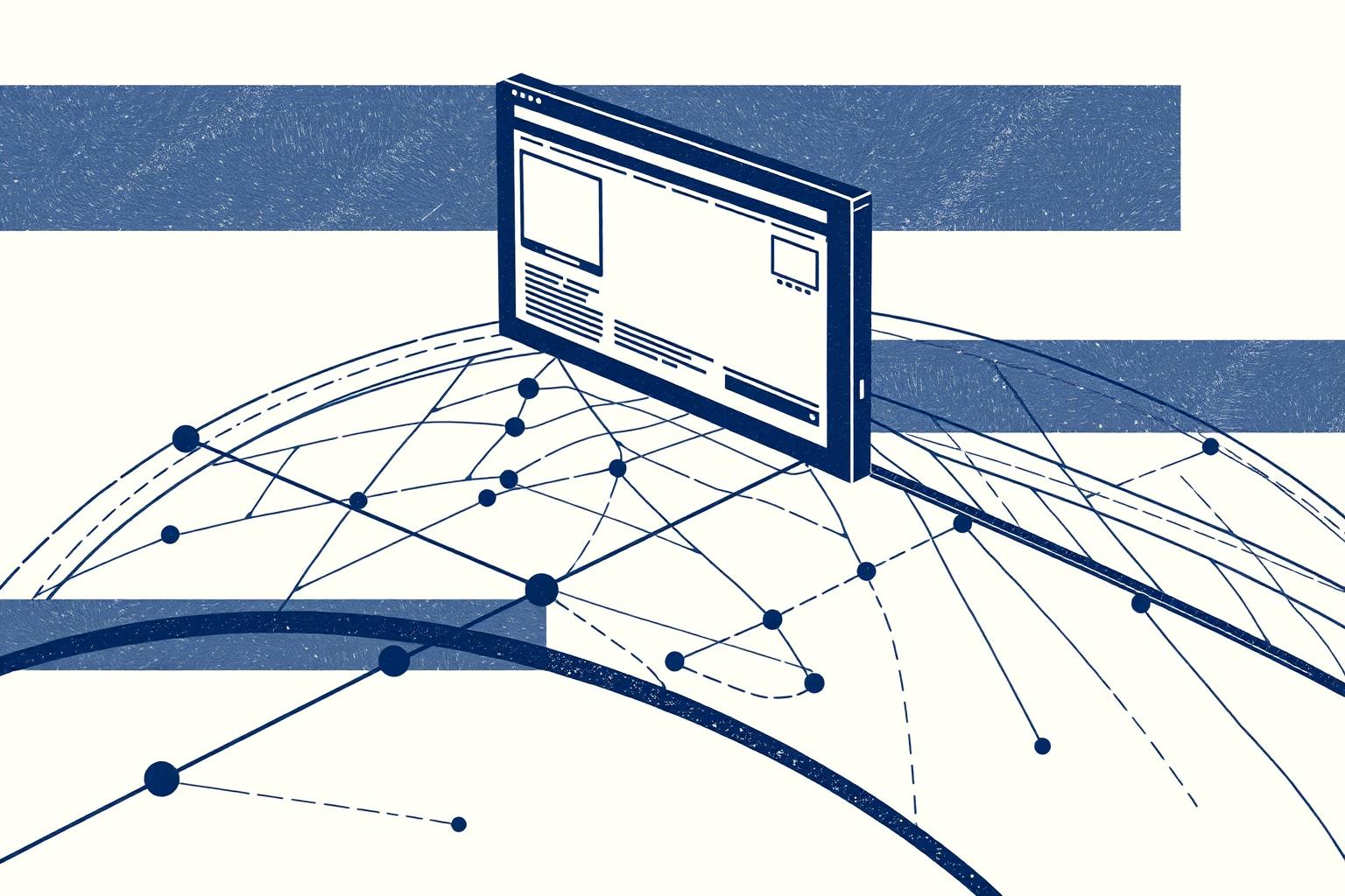 Editorial illustration of a publisher page wireframe above a routing mesh over a globe