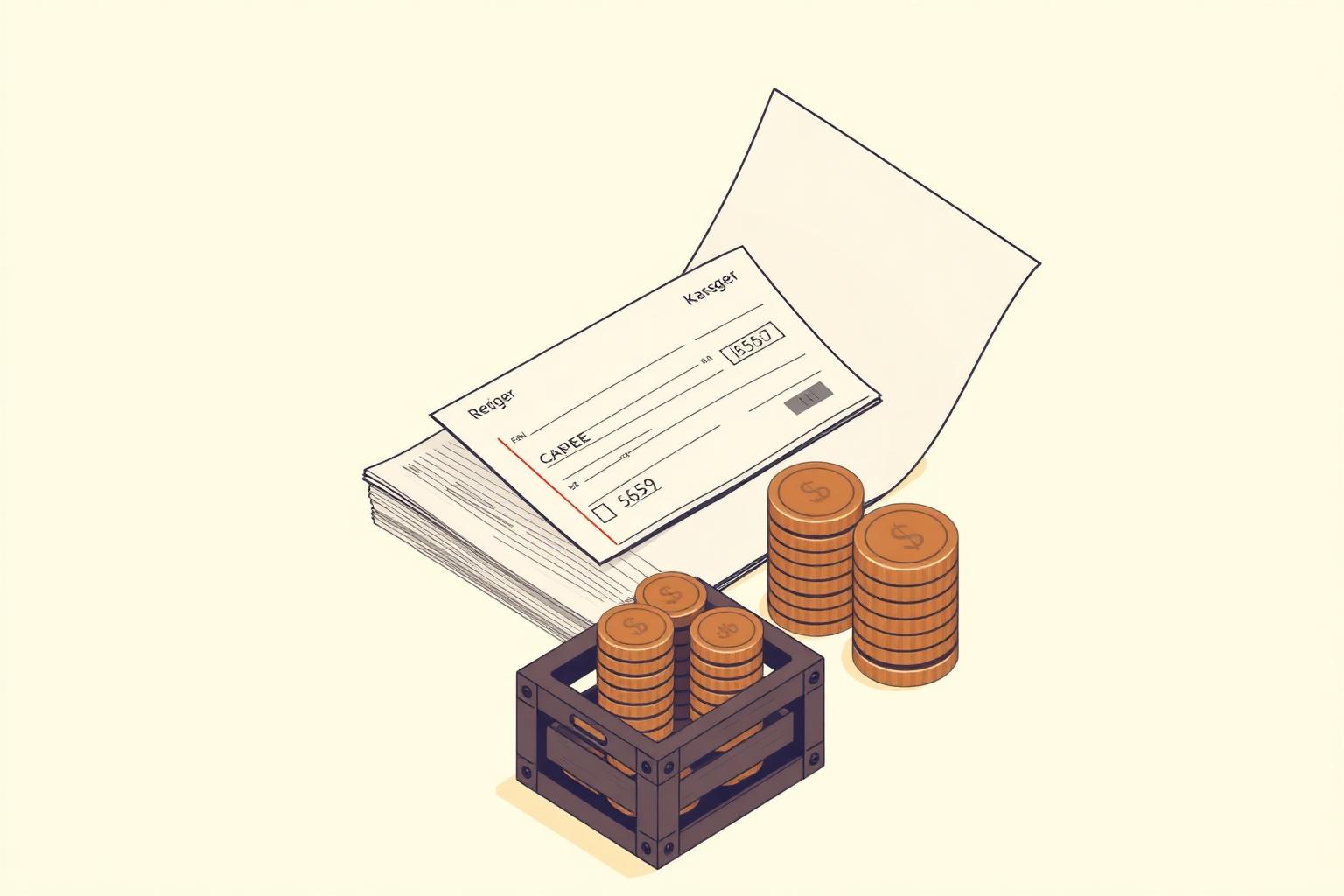 Editorial illustration of ledger sheets, a cheque, coin stacks and a storage crate