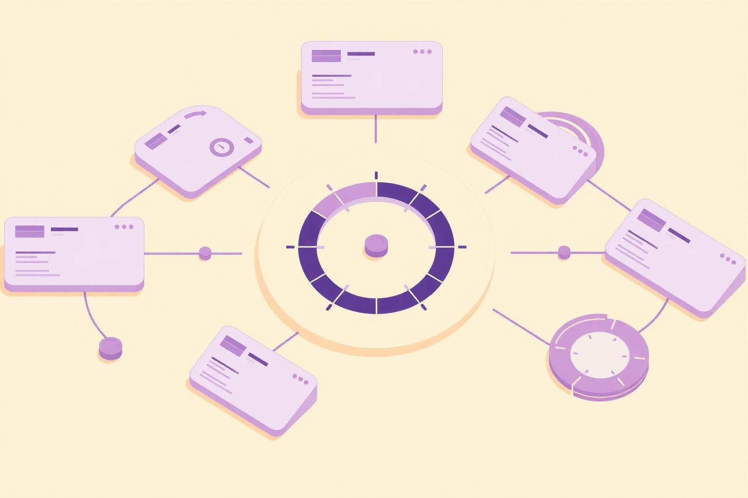 Editorial illustration of a radar dial ringed by account cards connected by signal arcs