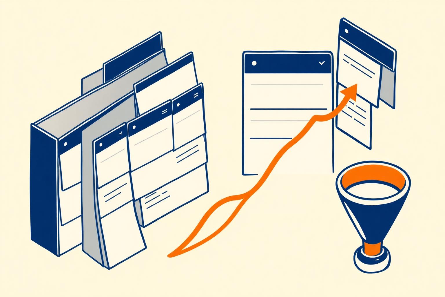 Editorial illustration of kanban deal columns, a rising forecast curve and a funnel
